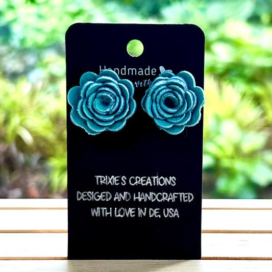Faux Leather Earrings - Teal Petals